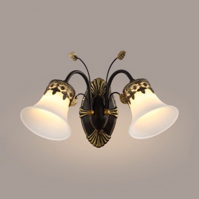 White Bell Shade Sconce Light 1/2 Lights Traditional Frosted Glass Wall Lamp with Leaf for Foyer