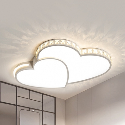 White Double Heart Ceiling Mount Light with Clear Crystal Kids 4 Modes Optional Flush Light for Bedroom