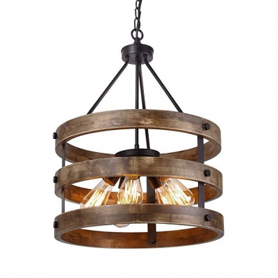 Wood Drum Shade Chandelier 5 Lights Country Style Suspension Light in Brown for Bar Restaurant