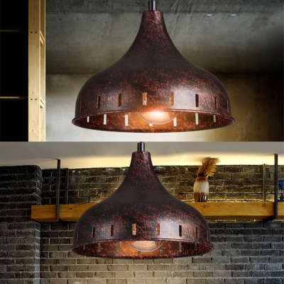 1 Light Onion Shape Pendant Light Antique Style Metal Hanging Lamp in Rust for Restaurant