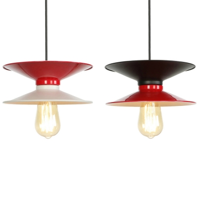 1 Light Saucer Pendant Light Industrial Metal Hanging Lamp in Black & Red/White & Red for Bedroom