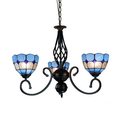 3 Lights Dome Shade Chandelier Mediterranean Style Glass Hanging Lamp in Blue for Study Room
