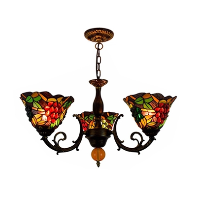 3 Lights Grapes Suspension Light Tiffany Style Rustic Stained Glass Chandelier for Hallway