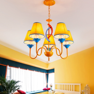 5 Lights Tapered Shade Chandelier Traditional Metal Fabric Hanging Light in Yellow for Child Room