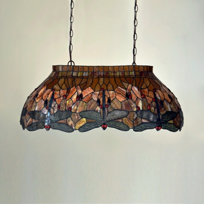 Dragonfly Pattern Island Chandelier 6 Lights Tiffany Rustic Stained Glass Island Light for Restaurant