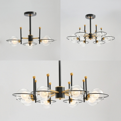 3/6/8 Lights Globe Chandelier, Small Globe Clear Glass Shade Ceiling Flush Mount Light Fixture in Black-Gold Finish