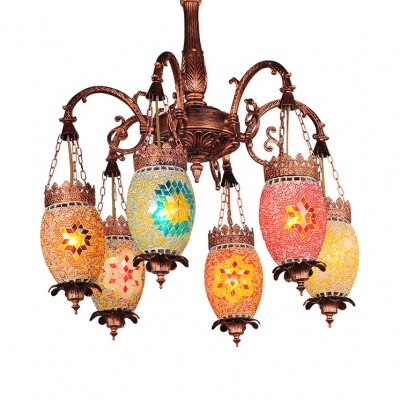 6 Lights Oval Shade Chandelier Turkish Style Stained Glass Pendant Light for Living Room Cafe
