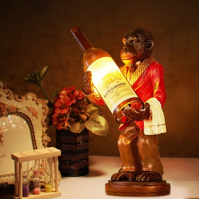 Animal Gold/Red Table Light Monkey & Wine Bottle 1 Head Resin Glass Desk Light for Restaurant