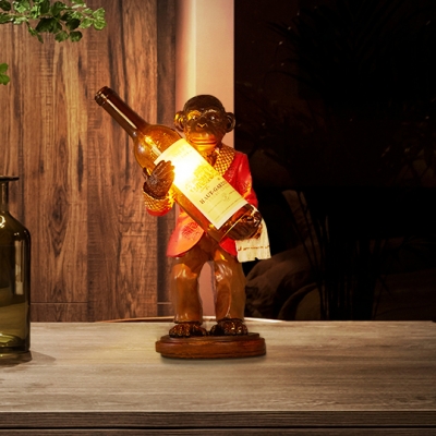 Animal Gold/Red Table Light Monkey & Wine Bottle 1 Head Resin Glass Desk Light for Restaurant