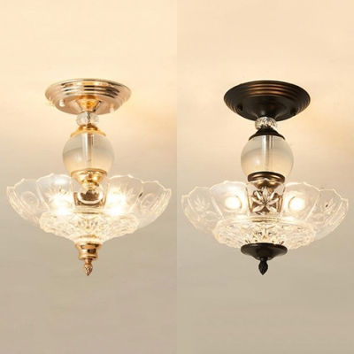 Antique Black/Gold Ceiling Lamp Petal 3 Lights Clear Glass Semi Flush Light for Study Room