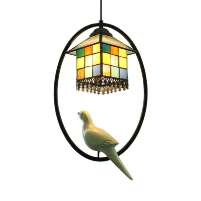 Antique Craftsman/House/Rectangle Pendant Light 1 Light Stained Glass Ceiling Lamp with Bird for Balcony