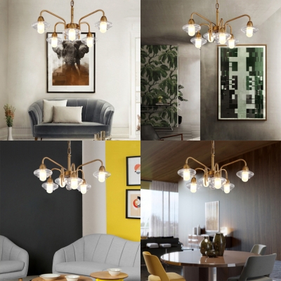 Antique Style Cylinder Hanging Light Glass 6 Lights Brass Chandelier for Living Room Villa