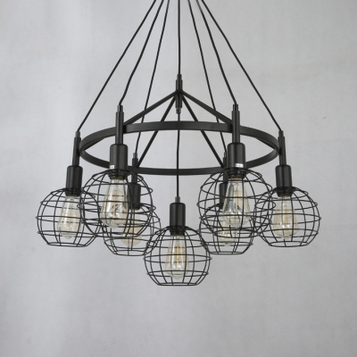 Antique Style Globe Cage Ceiling Light 7 Lights Metal Hanging Lamp in Black for Dining Room