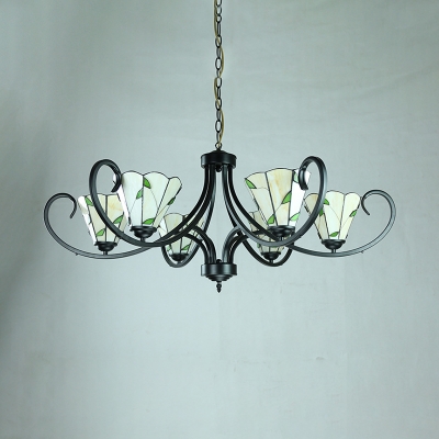Beige Cone Suspension Light 3/5/6/8 Lights Tiffany Style Rustic Glass Chandelier with Leaf for Home