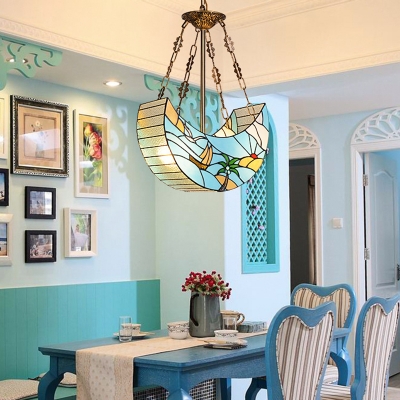 Blue Boat Shape Pendant Light 2 Lights Tiffany Style Nautical Hanging Lamp for Bedroom Bathroom