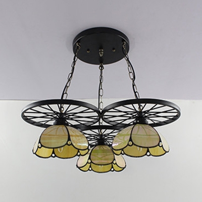 Blue/Clear/Yellow Glass Ceiling Pendant with Wheel Restaurant 3 Heads Tiffany Industrial Hanging Light