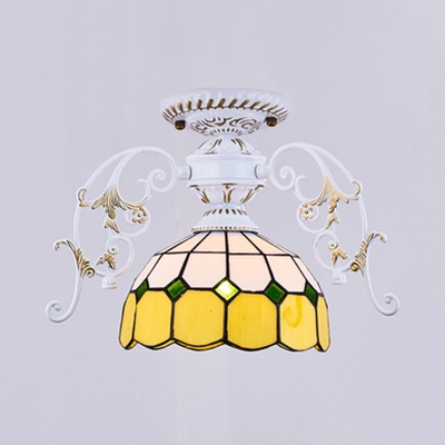 Bowl Shade Flush Ceiling Light Single Light Tiffany Style Glass Ceiling Fixture for Bedroom