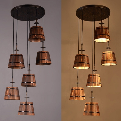 Brown Barrel Suspension Light 6 Lights Antique Wood Ceiling Pendant with Linear/Round Canopy for Cafe
