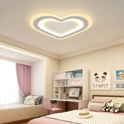 Cartoon White Flush Ceiling Light Heart Acrylic Warm/White Lighting LED Ceiling Lamp for Teen