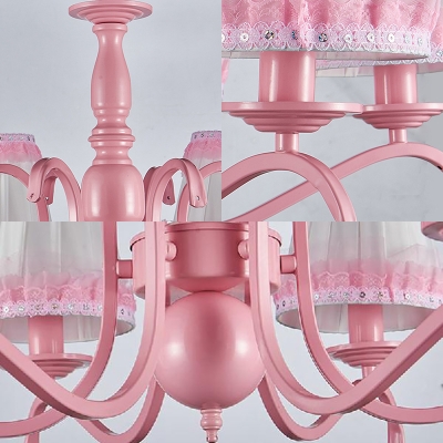Child Bedroom Tapered Shade Chandelier with Lace Decoration Metal Fabric 8 Lights Pink Pendant Light