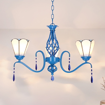 Cone Bathroom Foyer Suspension Light Glass Metal 3 Lights Tiffany Style Chandelier in Blue/White