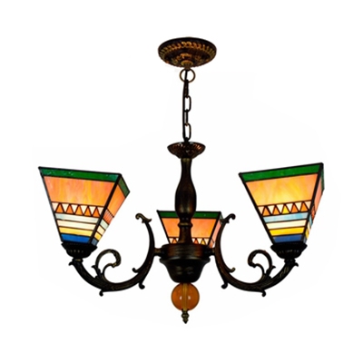 Conical Shade Bedroom Chandelier Stained Glass 3 Lights Tiffany Style Rustic Pendant Light