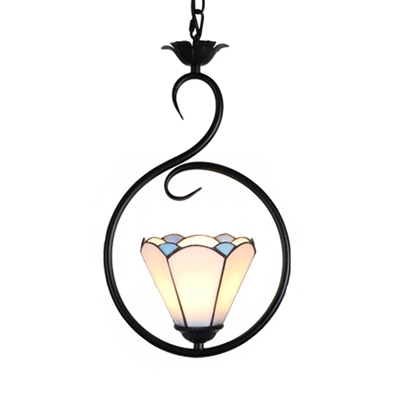Contemporary Conical/Domed Hanging Lamp One Light Glass Metal Hanging Light with Black Ring for Hallway