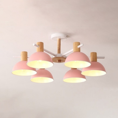 Contemporary Dome Chandelier 6 Lights Metal Pendant Light in Pink/Green/White for Kid Bedroom