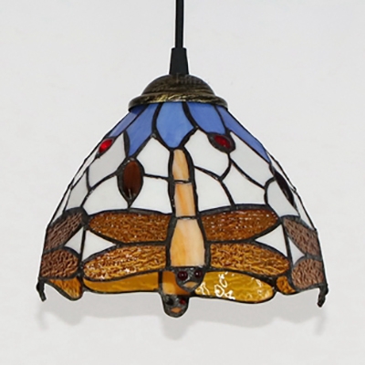 Dragonfly Dome Bedroom Pendant Light Stained Glass 1 Light Tiffany Style Vintage Ceiling Light