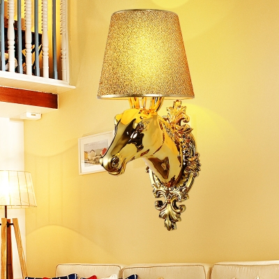 Elegant Gold/Silver Wall Light Tapered Shade 1 Light Metal Sconce Light with Horse for Restaurant