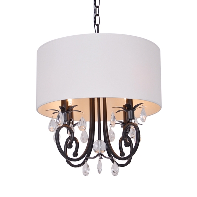 Fabric Drum Shaded Pendant Light with Clear Crystal Bedroom 4 Lights American Rustic Chandelier in White