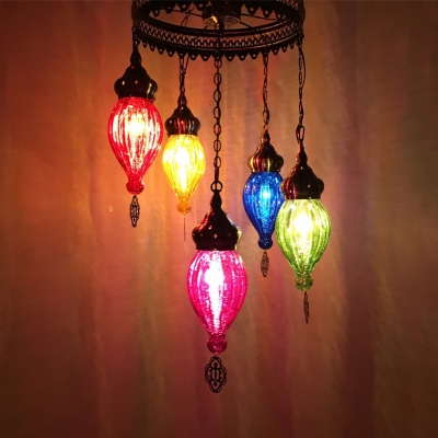 Fluted Glass Teardrop Chandelier KTV Cafe 5 Lights Moroccan Style Suspension Light with Multi-Color