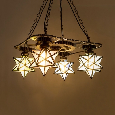 Foyer Hallway Star Shade Chandelier Stained Glass 3/4 Lights Vintage Style Pendant Lighting