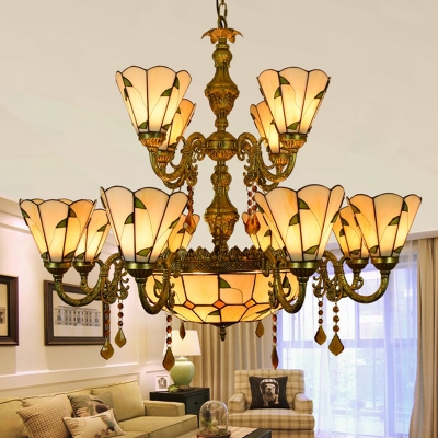 Glass Cone & Dome Chandelier with Crystal Living Room Elegant Style 15 Lights Suspension Light in Blue/Beige