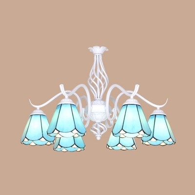 Glass Cone Shade Chandelier Living Room Hotel 6 Lights Tiffany Style Hanging Light in Blue/White