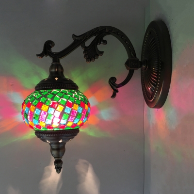 Glass Grid Lantern Wall Light Foyer Hallway 1 Light Moroccan Mosaic Wall Sconce in Brass