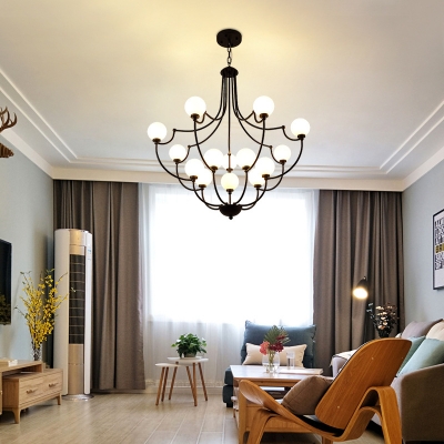 Globe Shade Villa Hotel Chandelier Frosted Glass Metal 14 Lights Traditional Hanging Light in Black