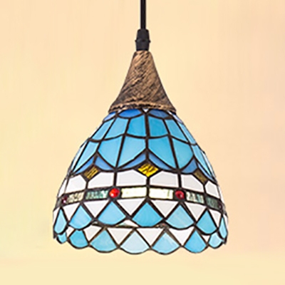 Grid Dome Shade Hanging Light Dining Table Clear/Blue Glass Tiffany Modern Ceiling Lamp