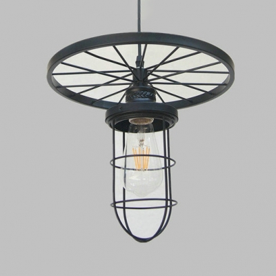 Industrial Wire Frame Pendant Light with Wheel 1 Head Metal Pendant Lamp in Black for Bar Cafe