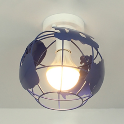 Modern Globe Cage Flush Ceiling Light 1 Light Metal Ceiling Lamp in Blue/Green/Red/Yellow for Bedroom