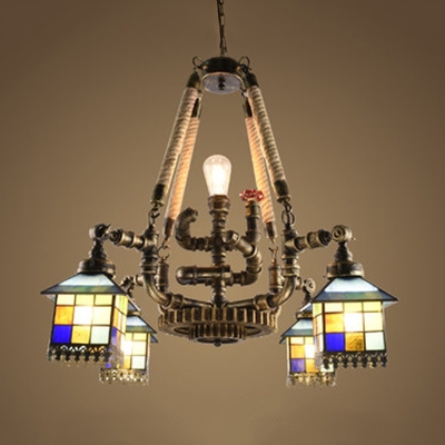 Industrial Star/House Chandelier 5 Lights Metal Stained Glass Suspension Light for Shop Bar