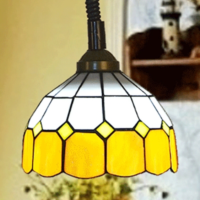 Kid Bedroom Lattice Dome Pendant Light with Telephone Cord Glass 1 Head Tiffany Style Orange/Yellow Hanging Light