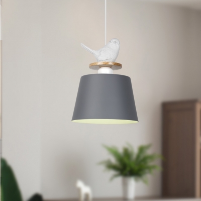Macaron Loft Bucket Pendant Light with Bird Aluminum One Light Black/Gray/White Hanging Light