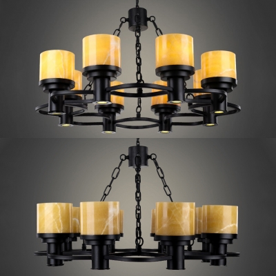 Marble Cylinder Candle Chandelier 8 Lights American Rustic Hanging Light in Black for Bedroom