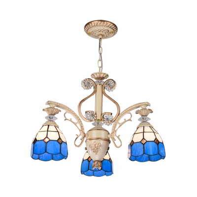 Mediterranean Style Blue Chandelier Cone Shade 3 Lights Glass Suspension Light for Hallway