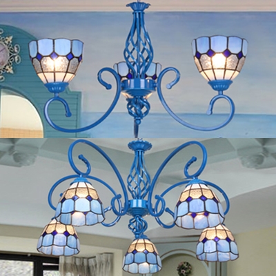 Mediterranean Style Blue Chandelier Dome Shade 3/5 Lights Glass Ceiling Light for Cafe Shop