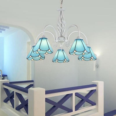 Mediterranean Style Blue Pendant Lamp Cone Shade 5 Lights Glass Chandelier for Living Room