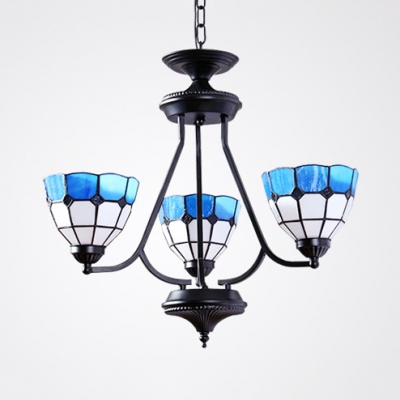 Mediterranean Style Dome Chandelier Glass 3 Lights Blue Suspension Light for Foyer