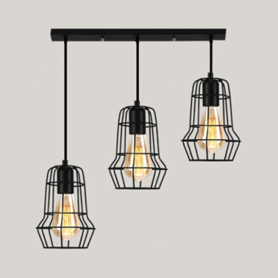 Metal Cage Suspension Light 3 Lights Antique Linear/Round Canopy Ceiling Lamp in Black for Bar