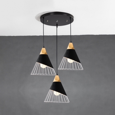 Metal Cone Ceiling Lamp with Linear/Round Canopy 3 Lights Industrial Ceiling Light in Black